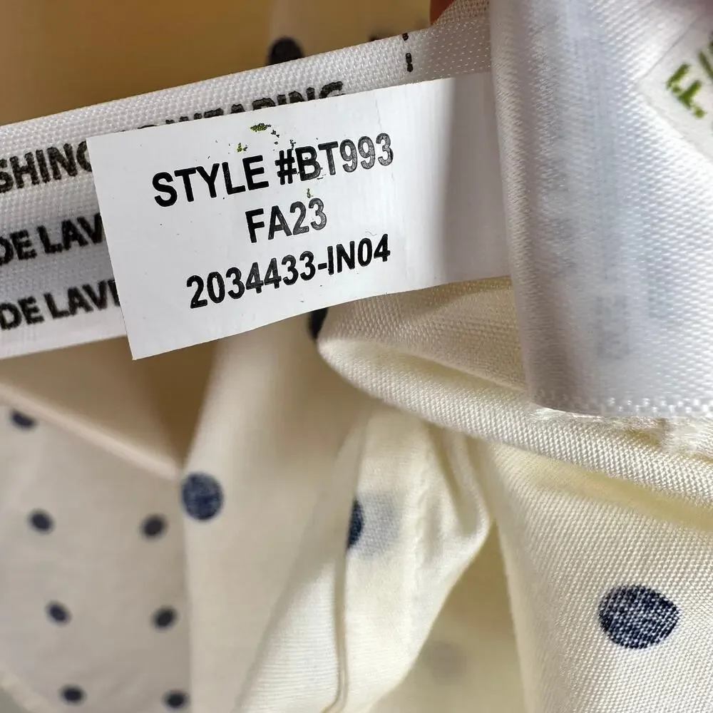 NEW J. Crew Blouse Top Button Front Polka Dot Cream Navy Large Preppy Office